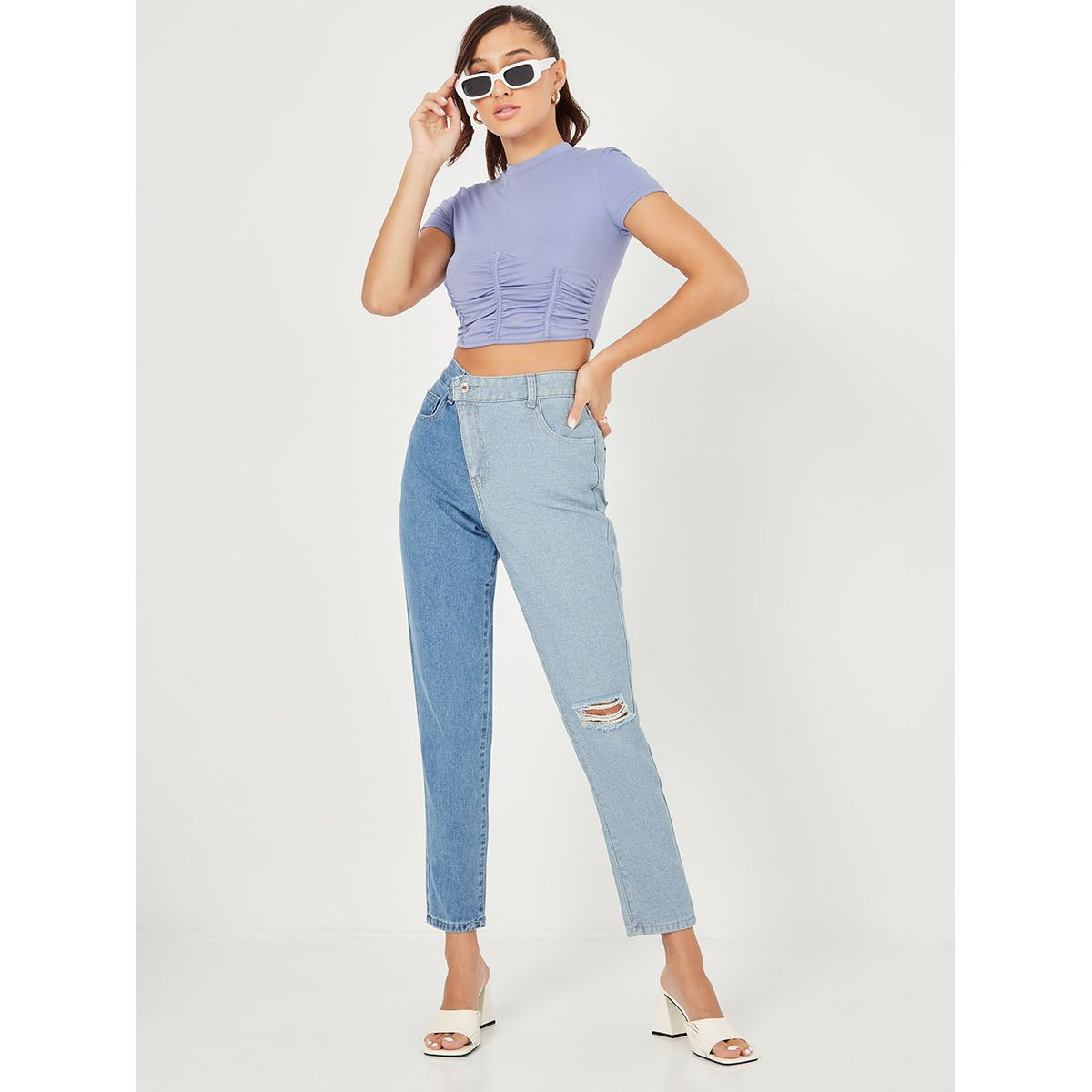 Styli Light Distress  Colorblock Slim Fit Jeans with Asymmetric Waist-women-clothing-bottoms-jeans-image-2