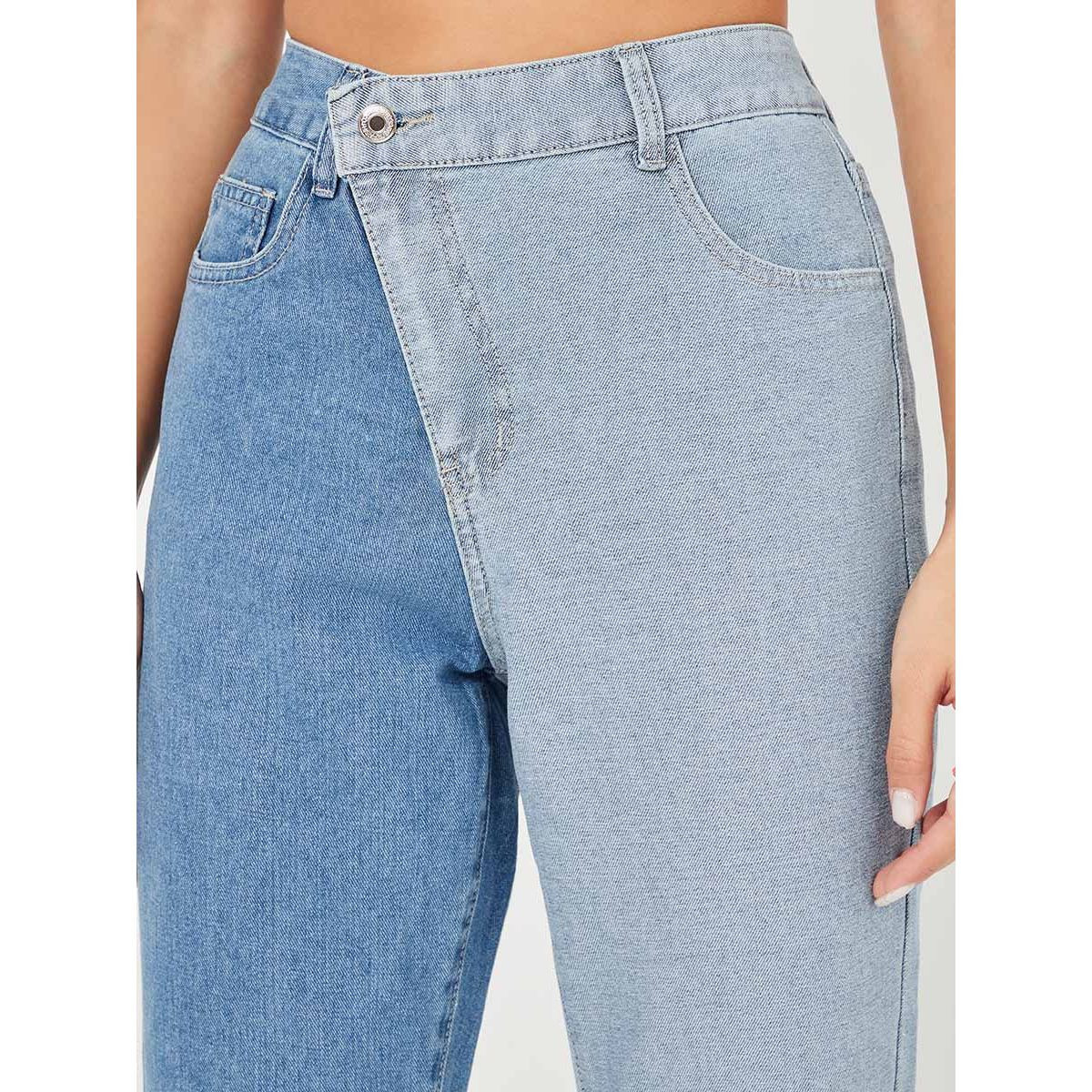 Styli Light Distress  Colorblock Slim Fit Jeans with Asymmetric Waist-women-clothing-bottoms-jeans-image-3