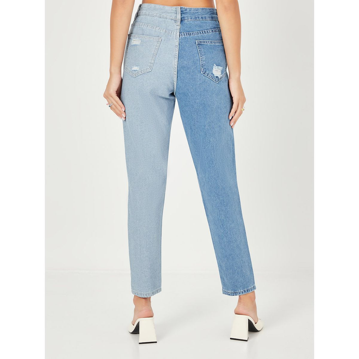 Styli Light Distress  Colorblock Slim Fit Jeans with Asymmetric Waist-women-clothing-bottoms-jeans-image-4