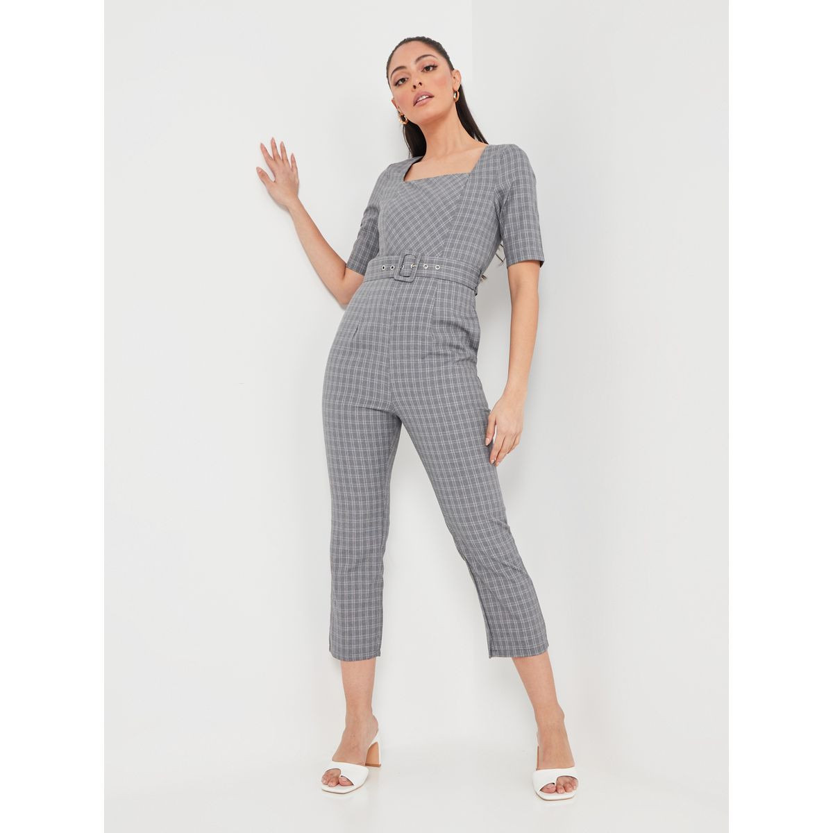 Styli Square Neck Checked Tapered Jumpsuit with Belt-women-clothing-jumpsuits-image-1