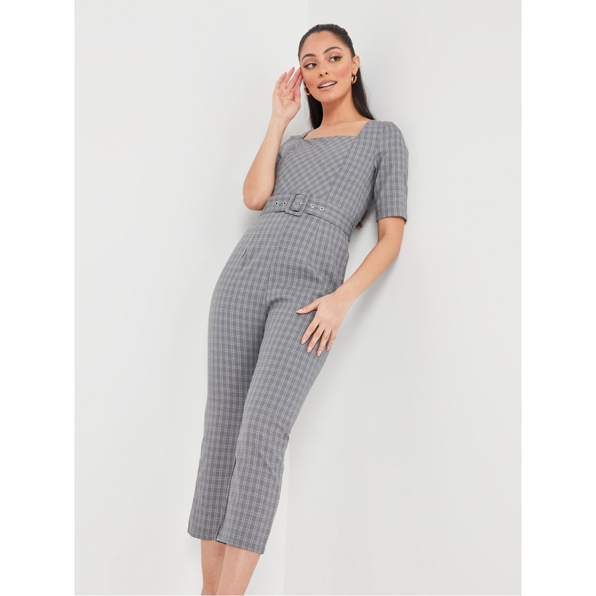 Styli Square Neck Checked Tapered Jumpsuit with Belt-women-clothing-jumpsuits-image-2
