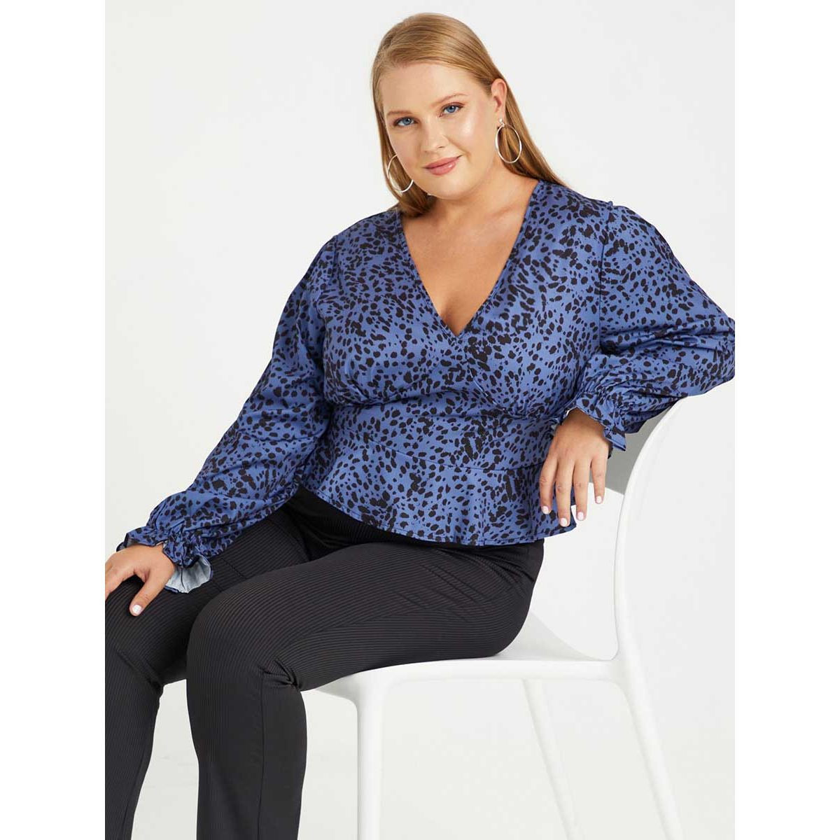 Styli Plus Frill Cuff Long Sleeves Animal Print V Neck Top-women-clothing-shirtsandblouses-blouses-image-1