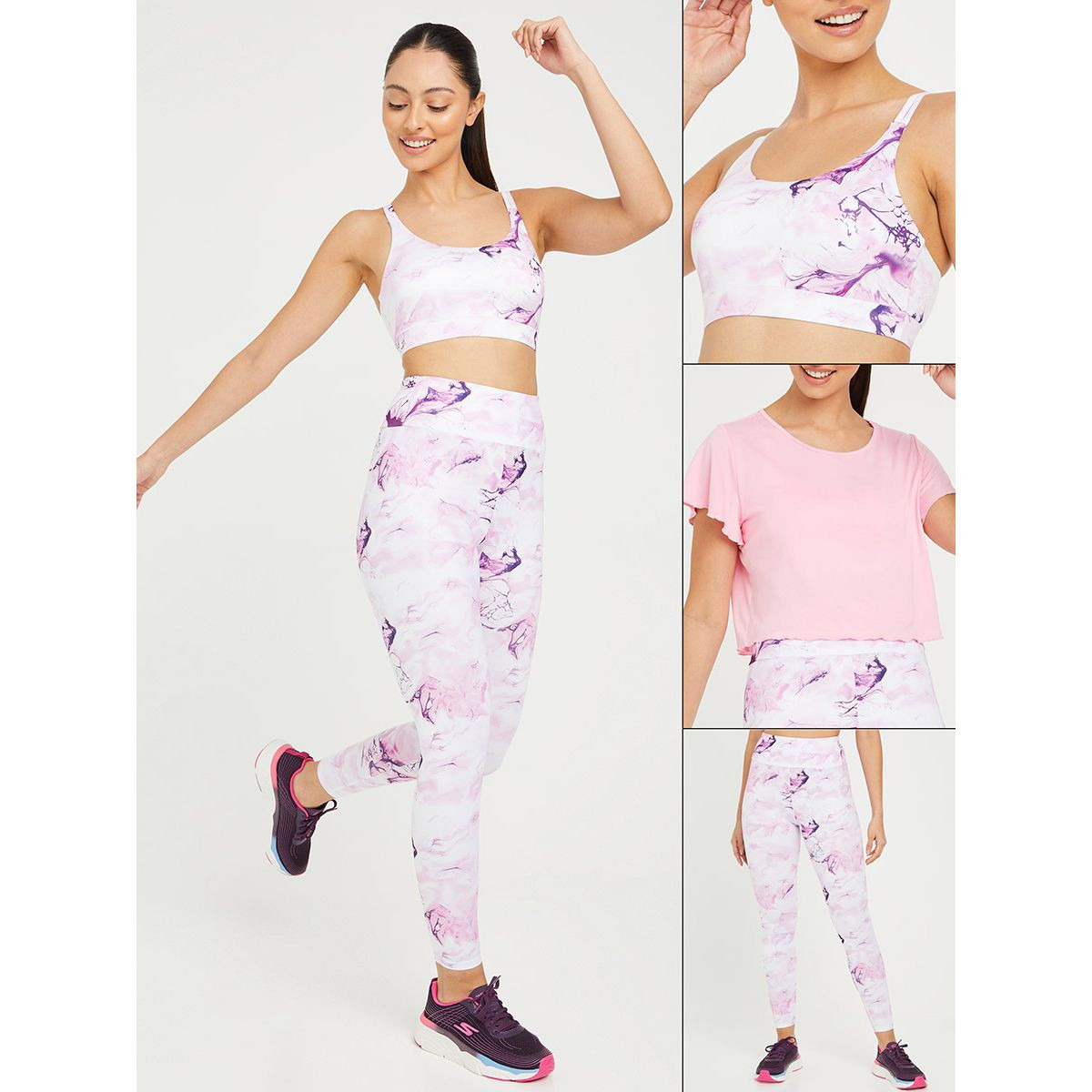 Styli Pack of 3 - Solid T-shirt with Marble Print Sports Bra and Activewear Leggings-sports-women-clothing-trackpantsandtracksuits-image-1