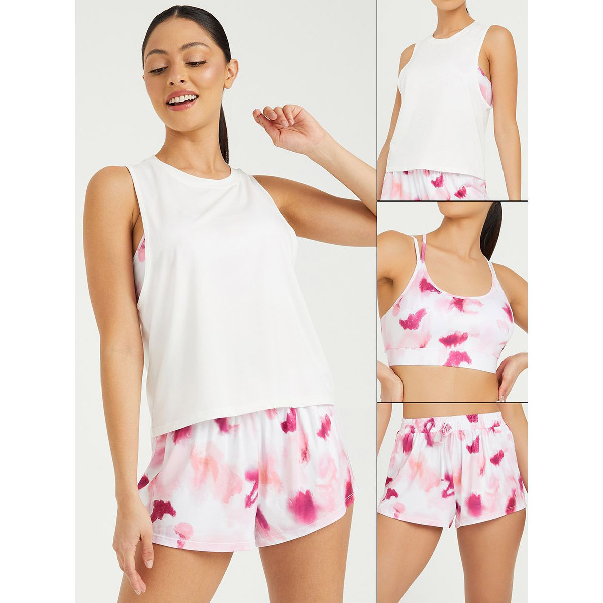 Styli Pack of 3 - Tie Dye Print Sports Bra with Vest and Activewear Shorts-sports-women-clothing-trackpantsandtracksuits-image-1