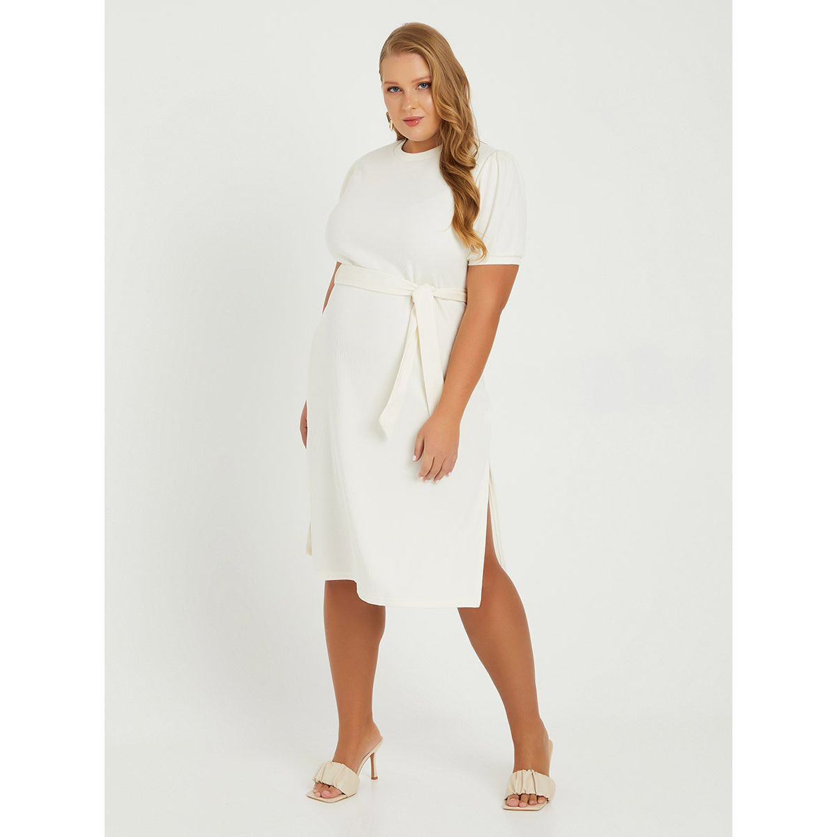 Styli Plus Short Sleeves Ribbed Bodycon Midi Dress with Split Hem-women-clothing-dresses-image-1