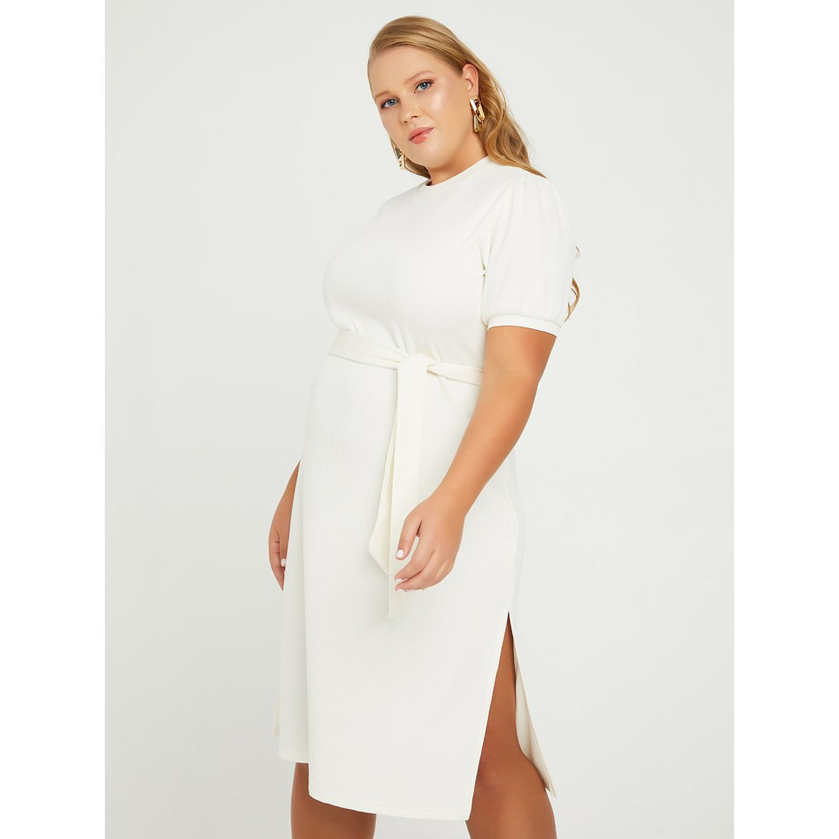 Styli Plus Short Sleeves Ribbed Bodycon Midi Dress with Split Hem-women-clothing-dresses-image-2