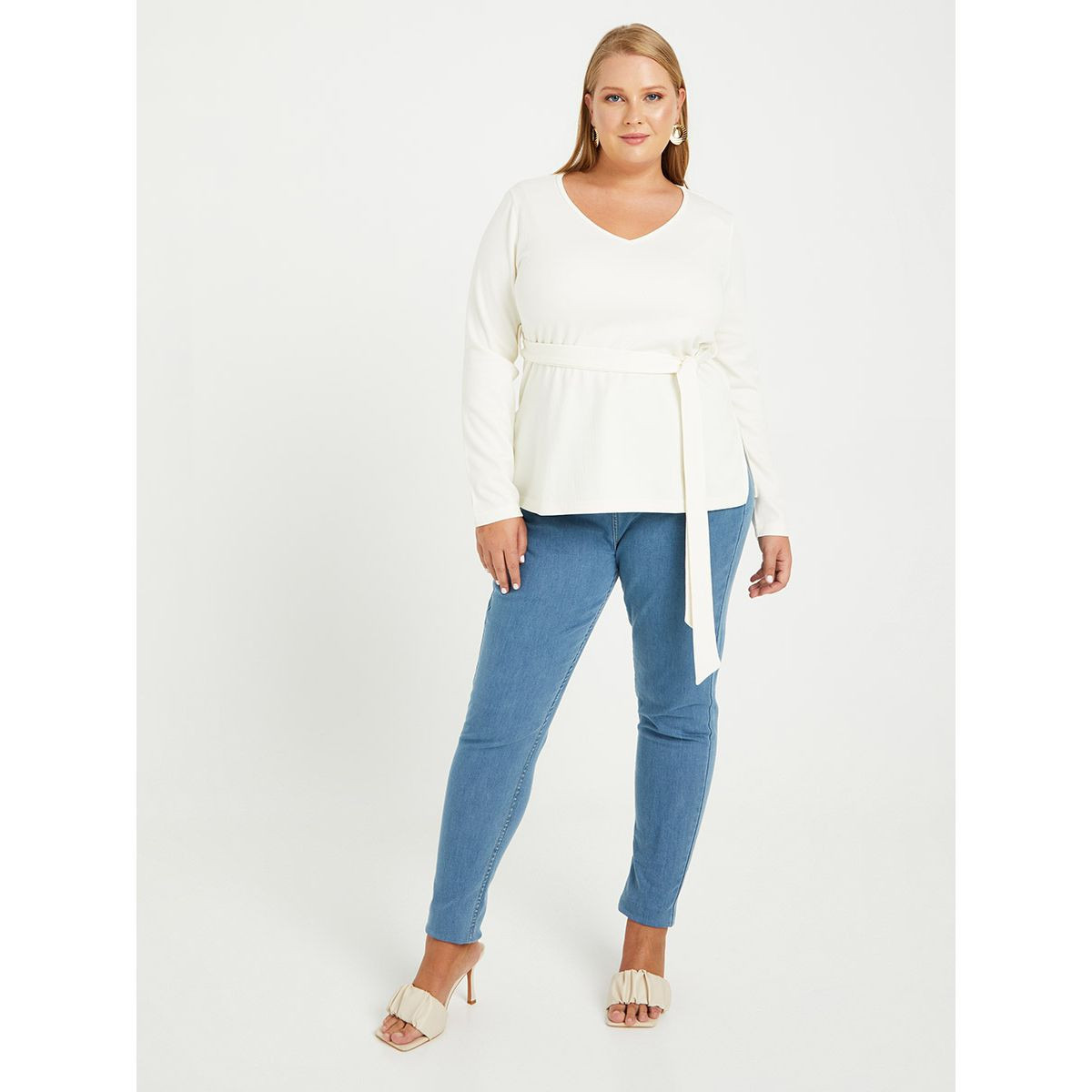Styli Plus Long Sleeves Self Tie Waist Ribbed T-shirt-women-clothing-tshirts-image-2