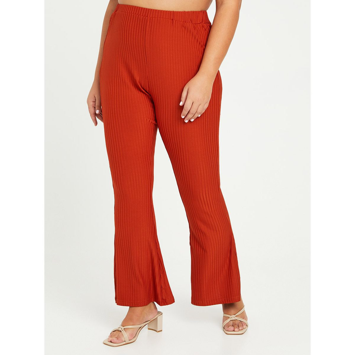 Styli Plus High Waist Rib Flare Trouser-women-clothing-bottoms-trousers-image-1