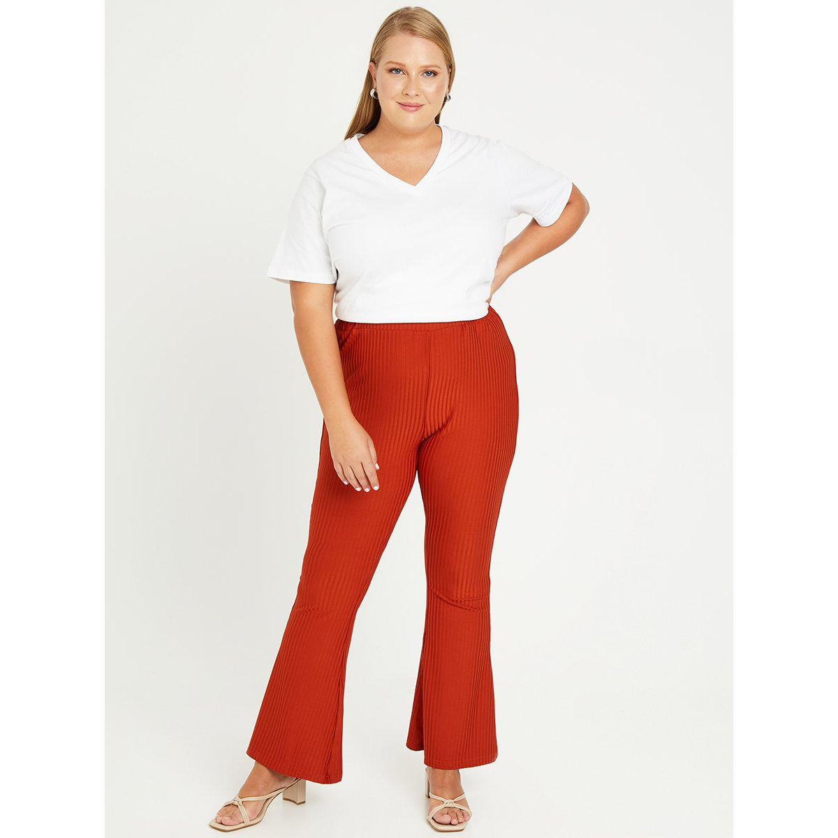 Styli Plus High Waist Rib Flare Trouser-women-clothing-bottoms-trousers-image-2