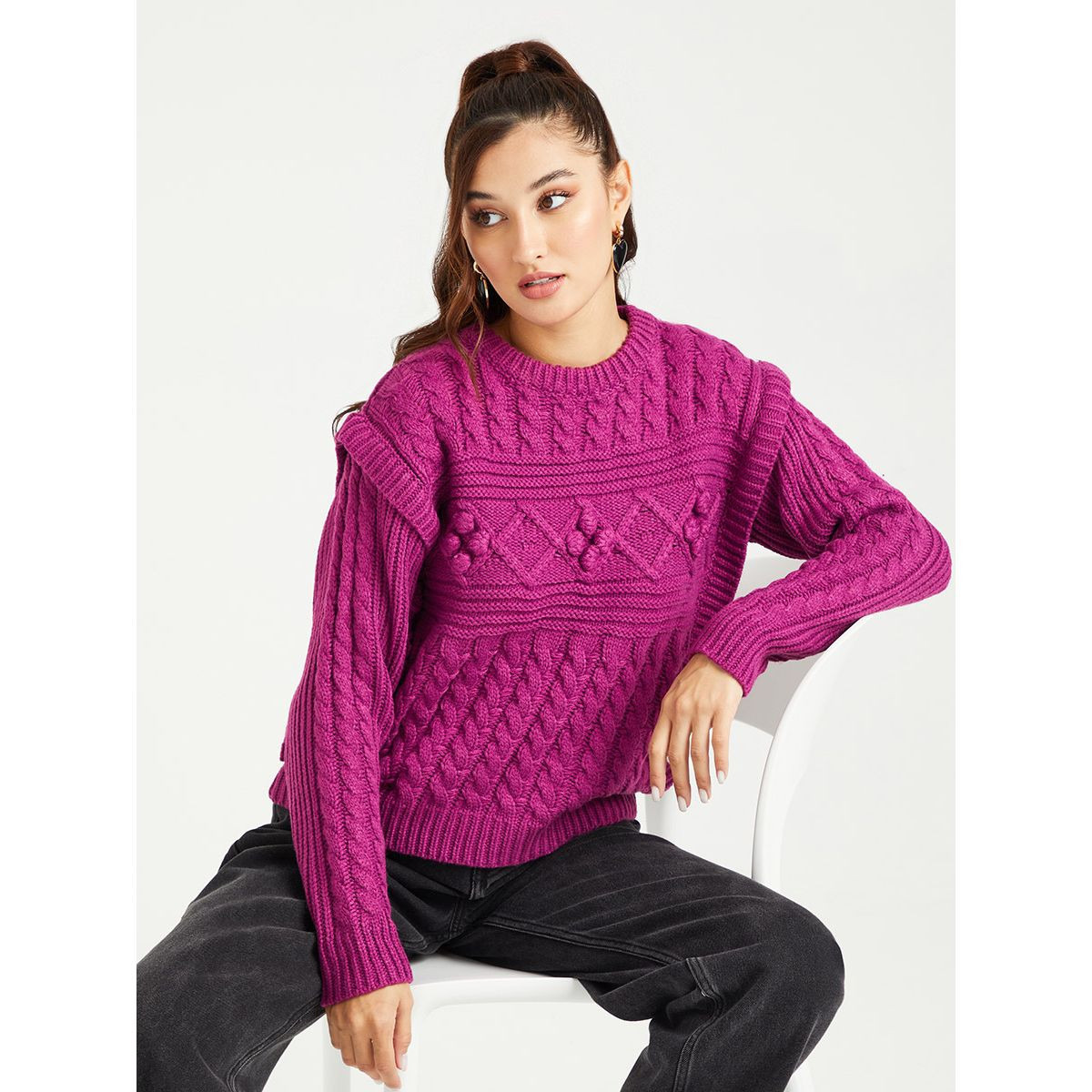 Styli Cable Knit Short Length Sweater with Layered Shoulder-women-clothing-cardigansandjumpers-jumpers-image-1