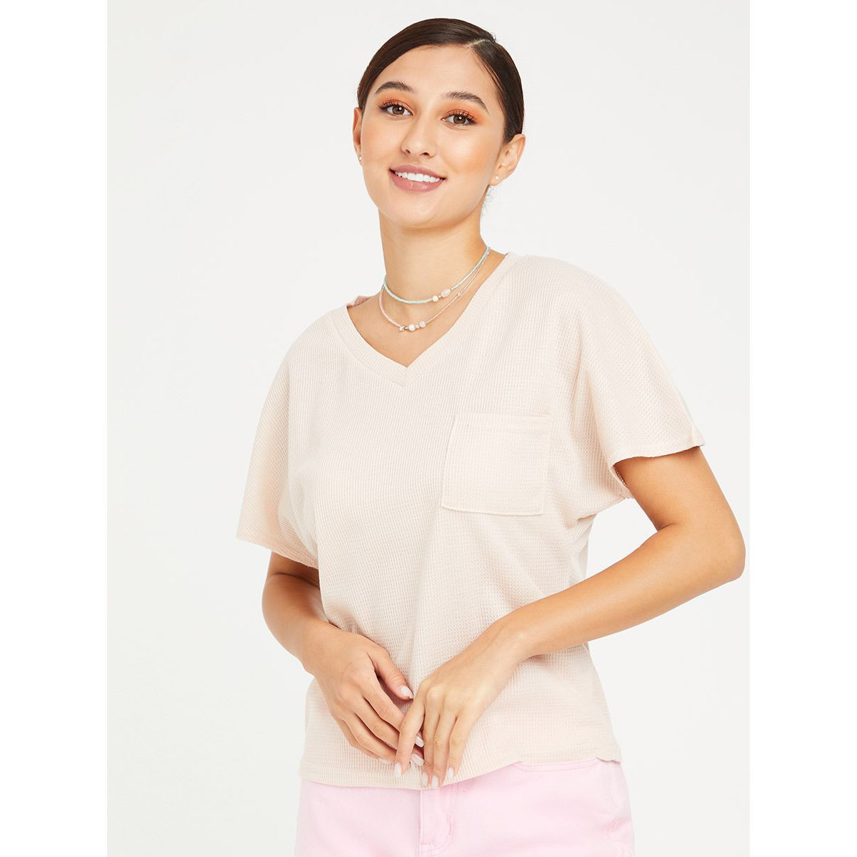 Styli Wide Shoulder Pocket Detail Waffle Knit Regular T-shirt-women-clothing-tshirts-image-3