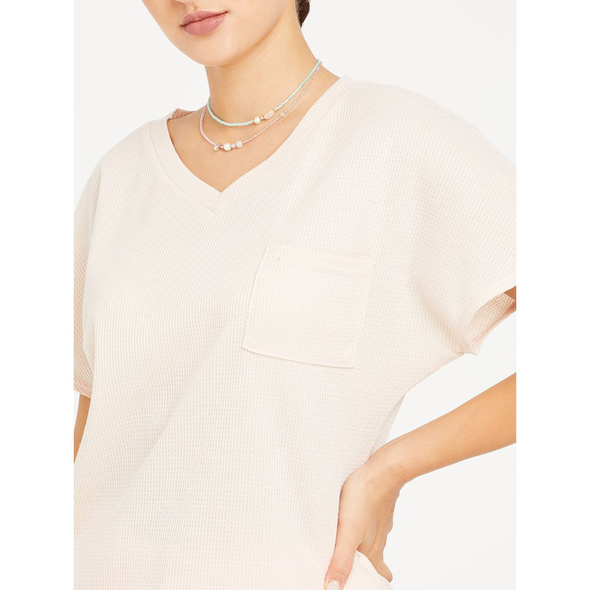 Styli Wide Shoulder Pocket Detail Waffle Knit Regular T-shirt-women-clothing-tshirts-image-4