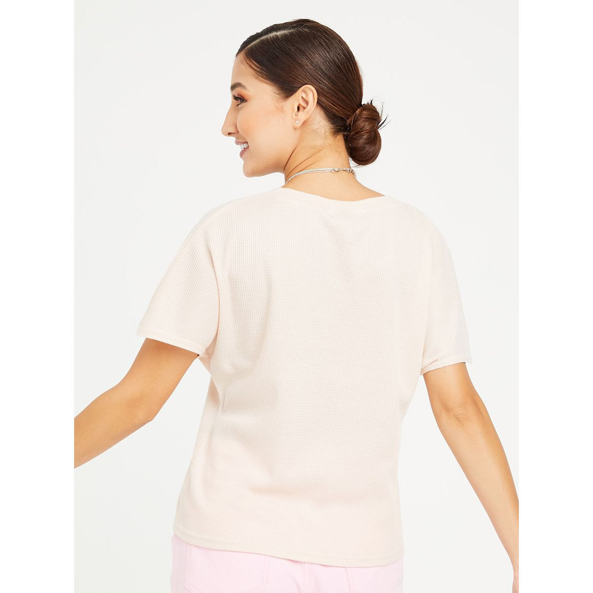 Styli Wide Shoulder Pocket Detail Waffle Knit Regular T-shirt-women-clothing-tshirts-image-5