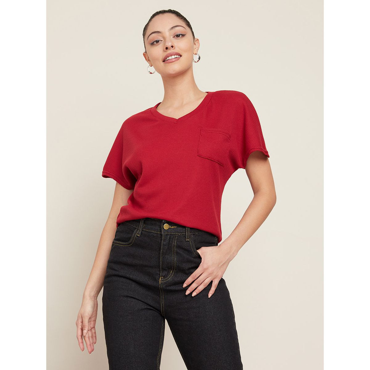 Styli Wide Shoulder Pocket Detail Waffle Knit Regular T-shirt-women-clothing-tshirts-image-1