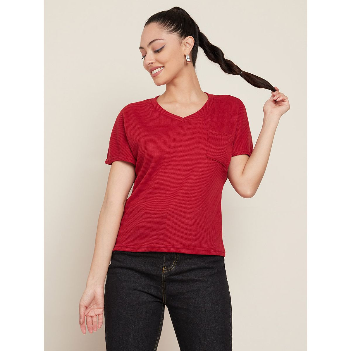 Styli Wide Shoulder Pocket Detail Waffle Knit Regular T-shirt-women-clothing-tshirts-image-2