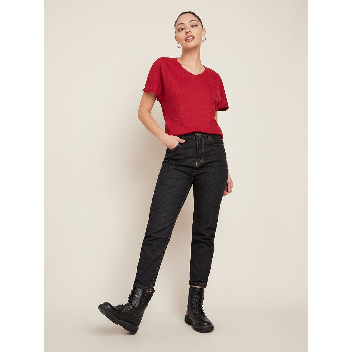 Styli Wide Shoulder Pocket Detail Waffle Knit Regular T-shirt-women-clothing-tshirts-image-3