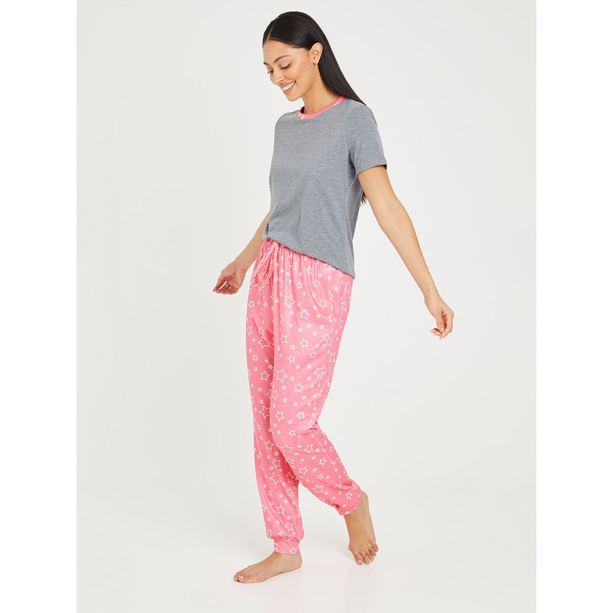 Styli Printed Ringer Round Neck T-shirt and Star AOP Cuffed Pyjama Set-women-clothing-nightwear-pyjamas-longsets-image-1