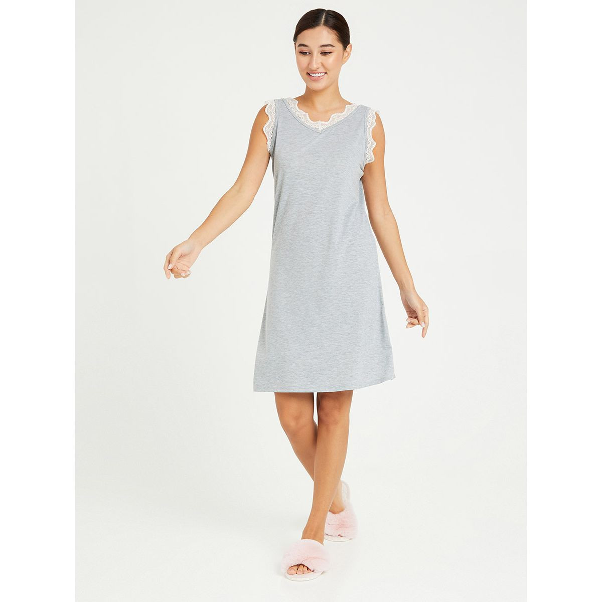 Styli Contrast Lace Trim V Neck Cami Nightdress-women-clothing-nightwear-nighties-image-1