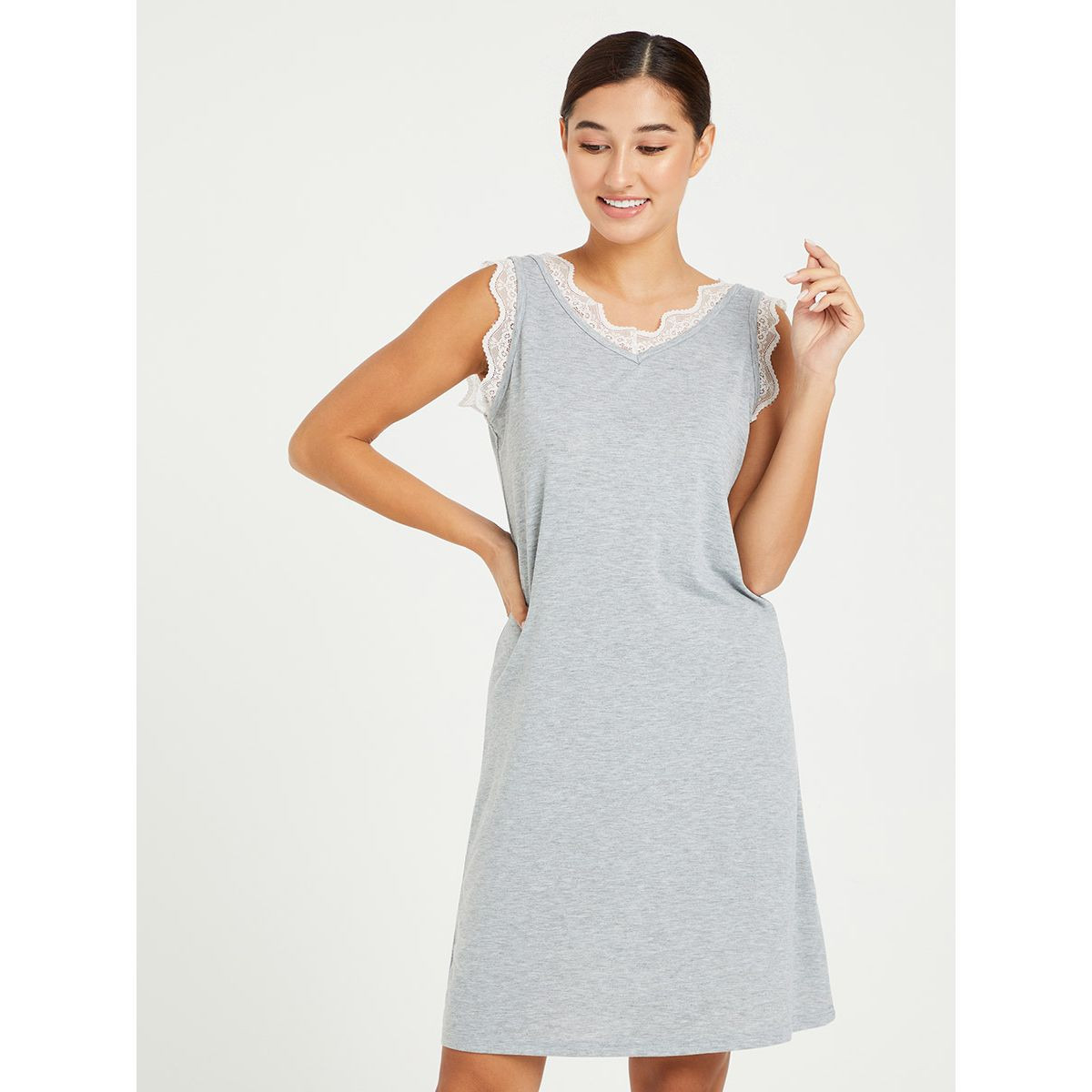 Styli Contrast Lace Trim V Neck Cami Nightdress-women-clothing-nightwear-nighties-image-2