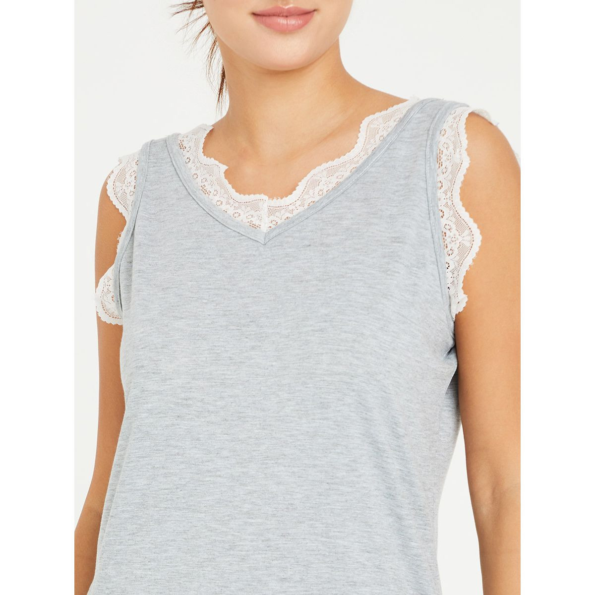 Styli Contrast Lace Trim V Neck Cami Nightdress-women-clothing-nightwear-nighties-image-3