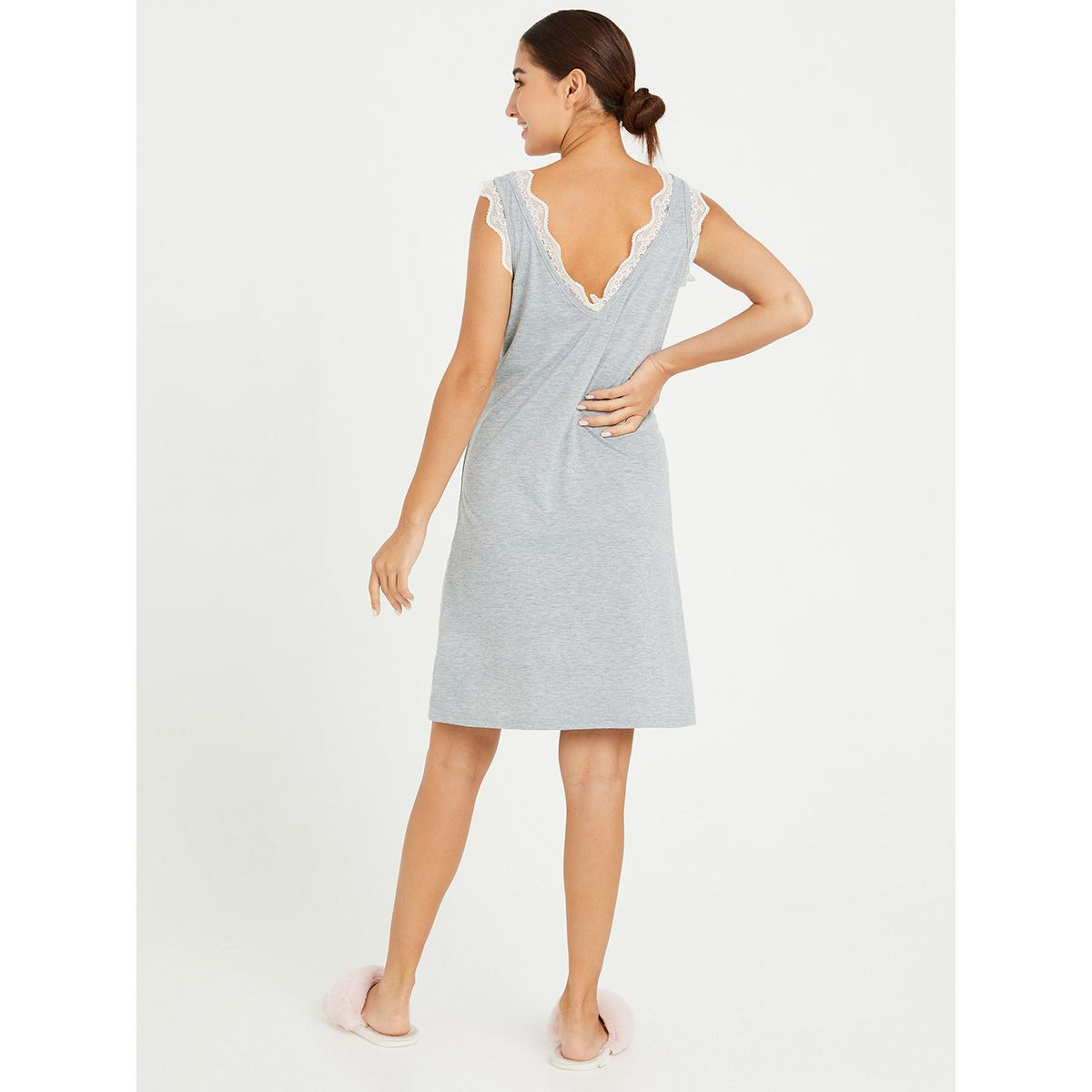 Styli Contrast Lace Trim V Neck Cami Nightdress-women-clothing-nightwear-nighties-image-4