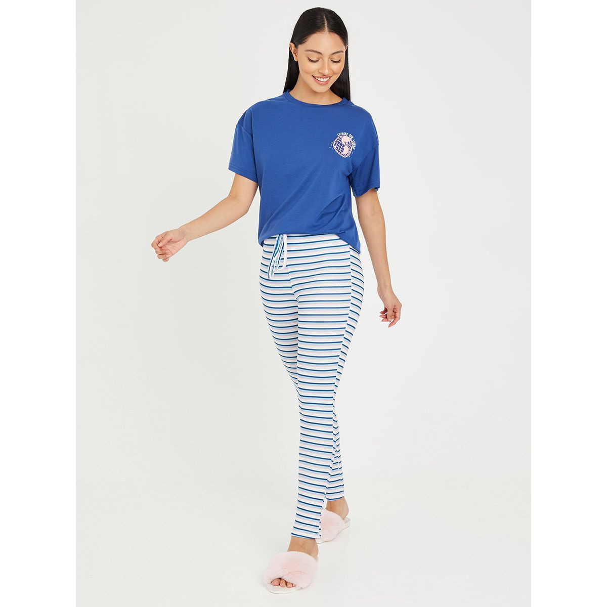 Styli Drop Shoulder Globe Graphic Print Top and Striped Leggings Set-women-clothing-nightwear-pyjamas-longsets-image-1