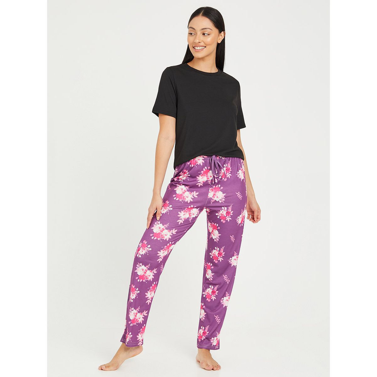 Styli Solid Rib Neck T-shirt and Winter Floral Pyjama Set-women-clothing-nightwear-pyjamas-longsets-image-1