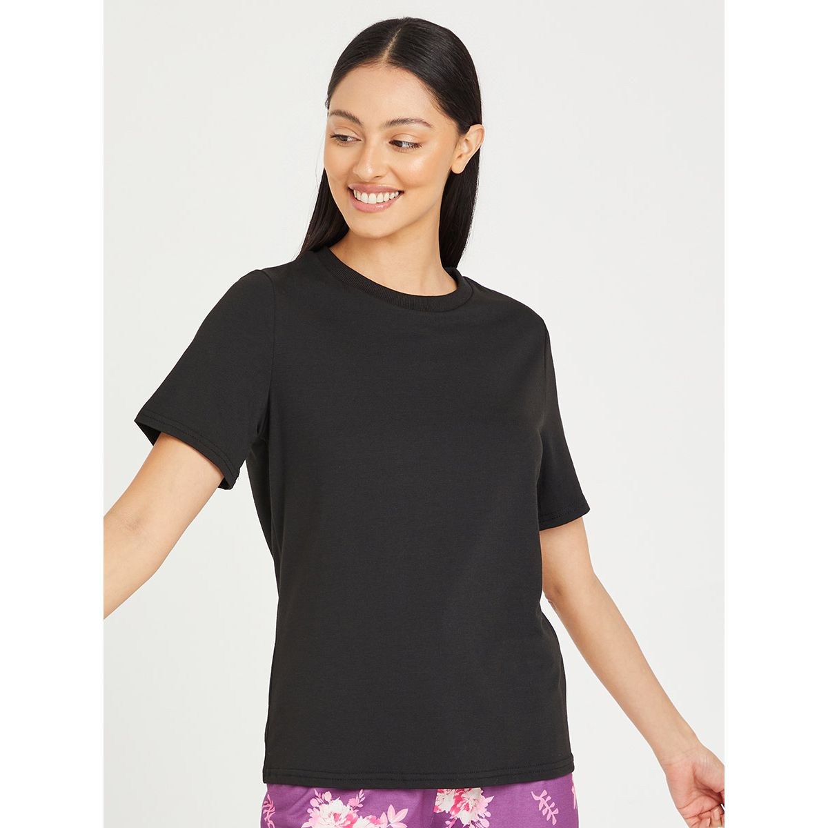 Styli Solid Rib Neck T-shirt and Winter Floral Pyjama Set-women-clothing-nightwear-pyjamas-longsets-image-2