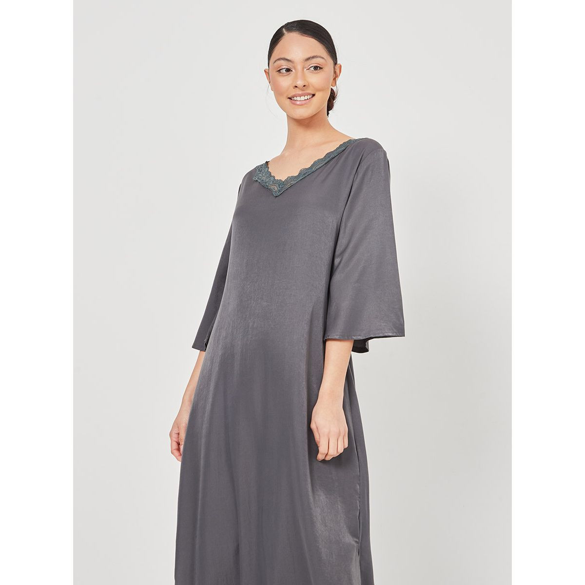 Styli 3/4 Sleeves V Neck Lace Trim Maxi Nightdress with Side Split-women-clothing-nightwear-nighties-image-2