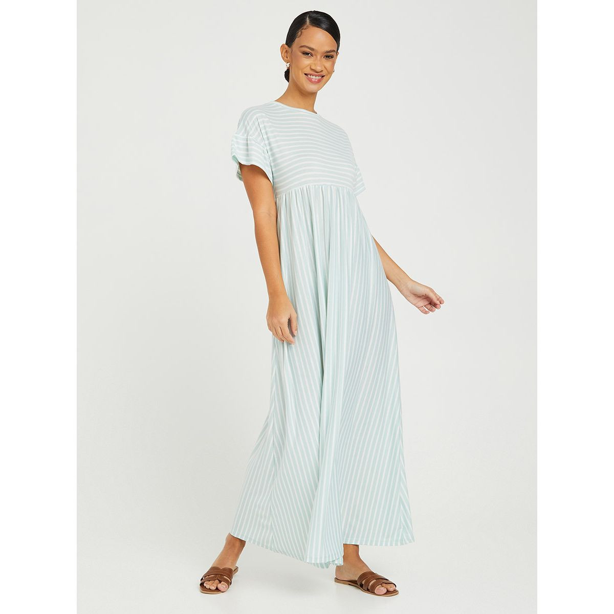 Styli Short Sleeves Striped Round Neck Knit A-Line Maxi Dress-women-clothing-dresses-image-1