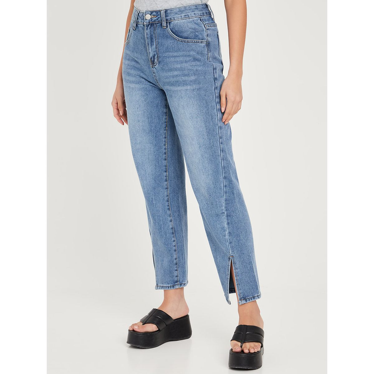 Styli High Rise Mom Jeans with Slit Hem 
