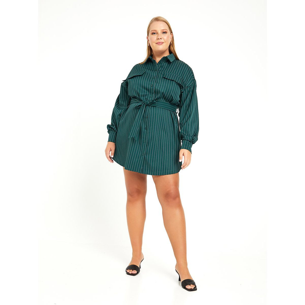 Styli Plus Long Sleeves Striped Shirt Mini Dress with Tie Belt-women-clothing-dresses-image-2