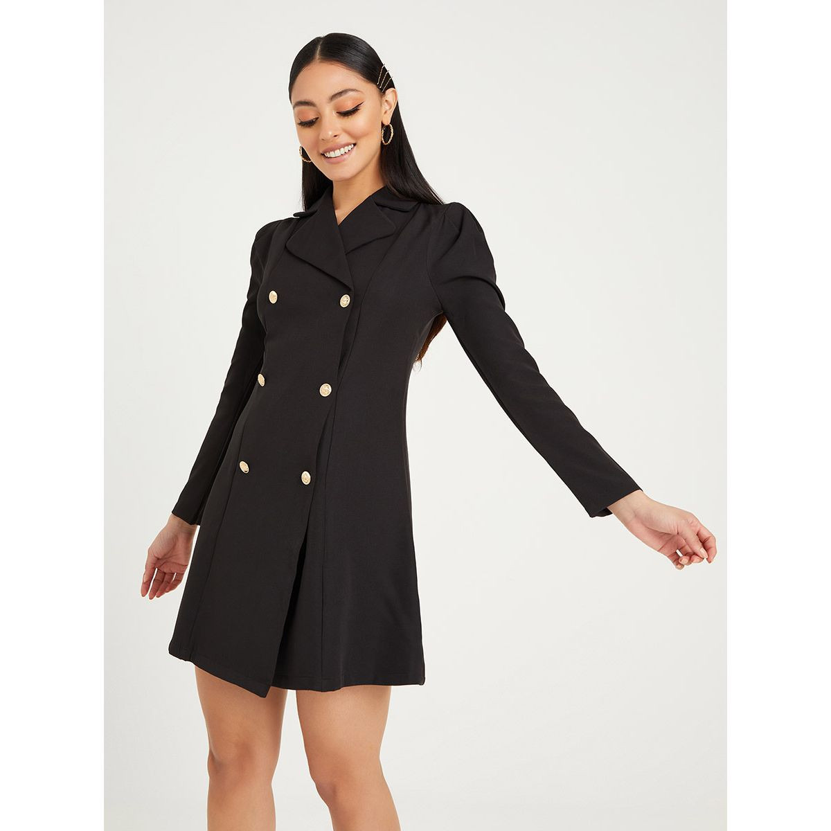 Styli Long Sleeves Notch Lapel Blazer Mini Dress with Button Detail-women-clothing-dresses-image-1
