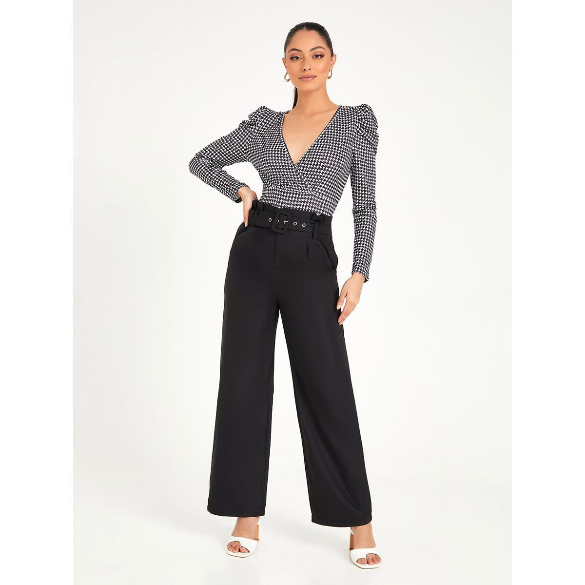 Styli Puff Sleeves Houndstooth V Neck Bodysuit-women-clothing-tshirts-image-2