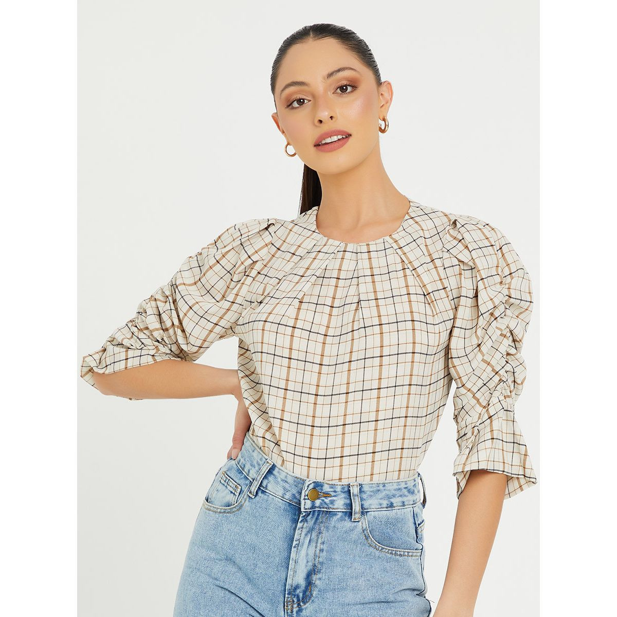 بلوزة مطبعة بطبعة مربعات من ستايلي-women-clothing-shirtsandblouses-blouses-image-1