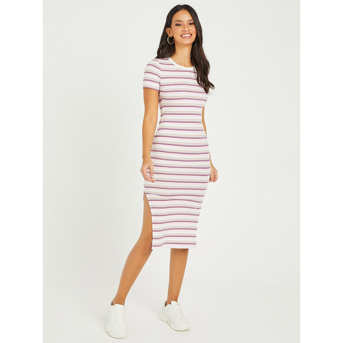 Styli Short Sleeves Round Neck Striped Bodycon Midi Dress with Side Slits-women-clothing-dresses-image-1