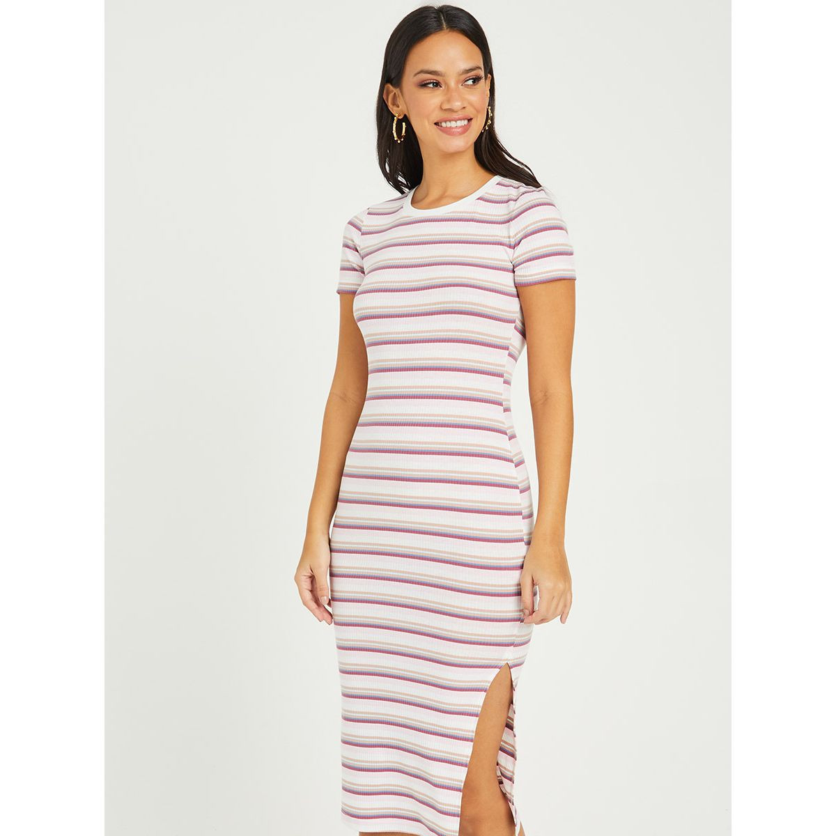 Styli Short Sleeves Round Neck Striped Bodycon Midi Dress with Side Slits-women-clothing-dresses-image-2