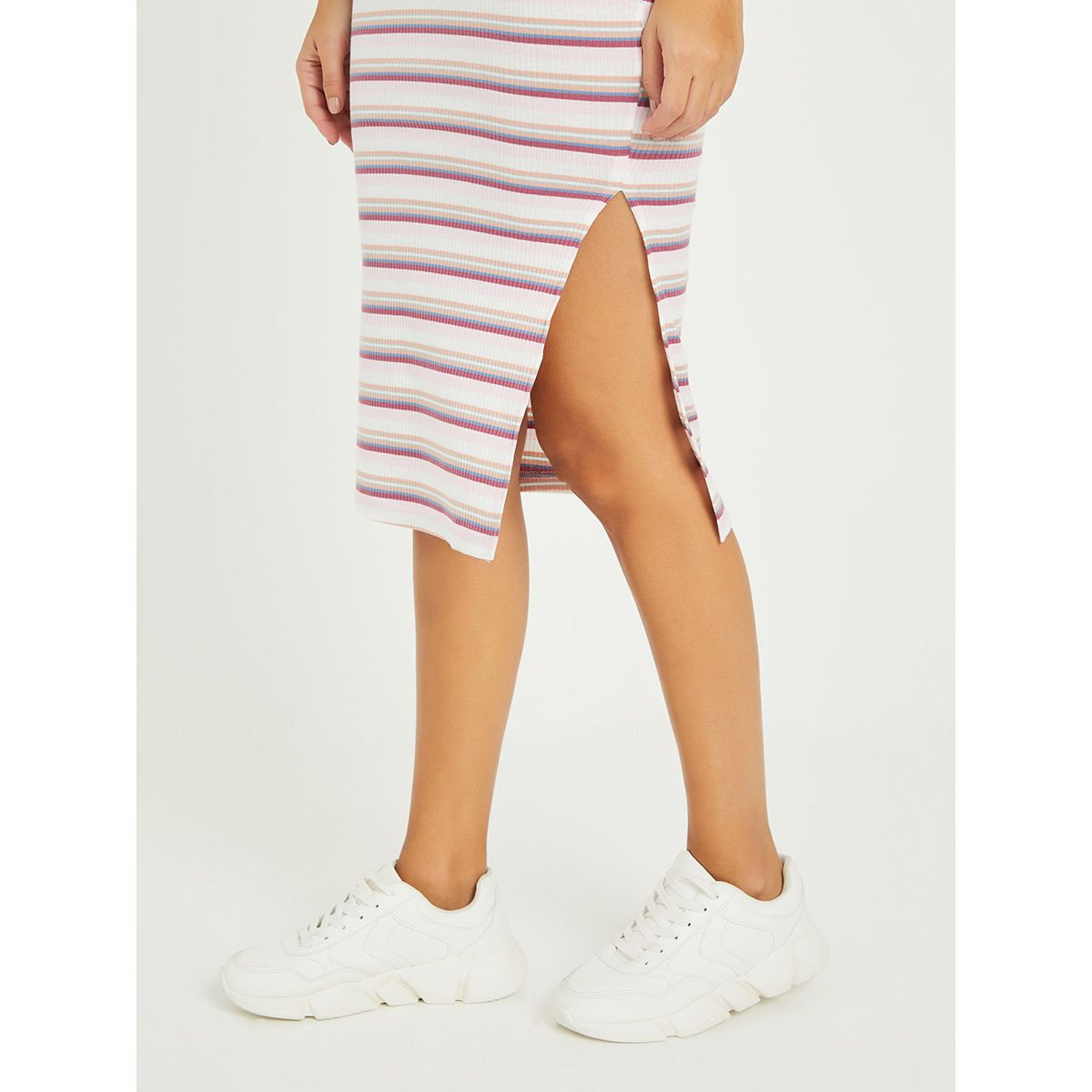 Styli Short Sleeves Round Neck Striped Bodycon Midi Dress with Side Slits-women-clothing-dresses-image-3