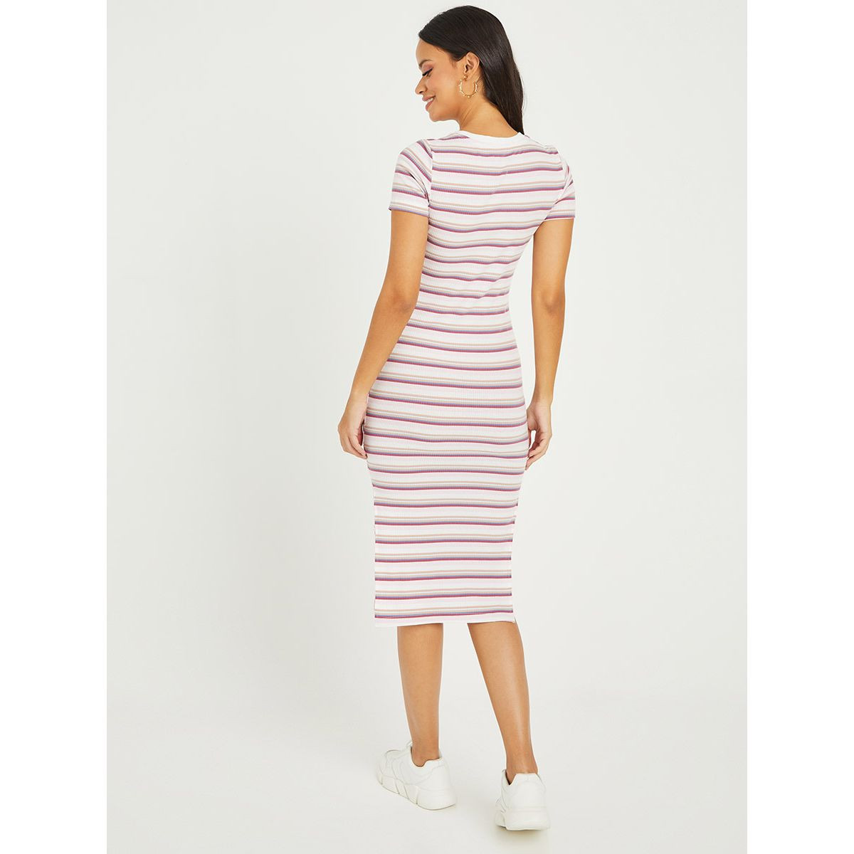 Styli Short Sleeves Round Neck Striped Bodycon Midi Dress with Side Slits-women-clothing-dresses-image-4