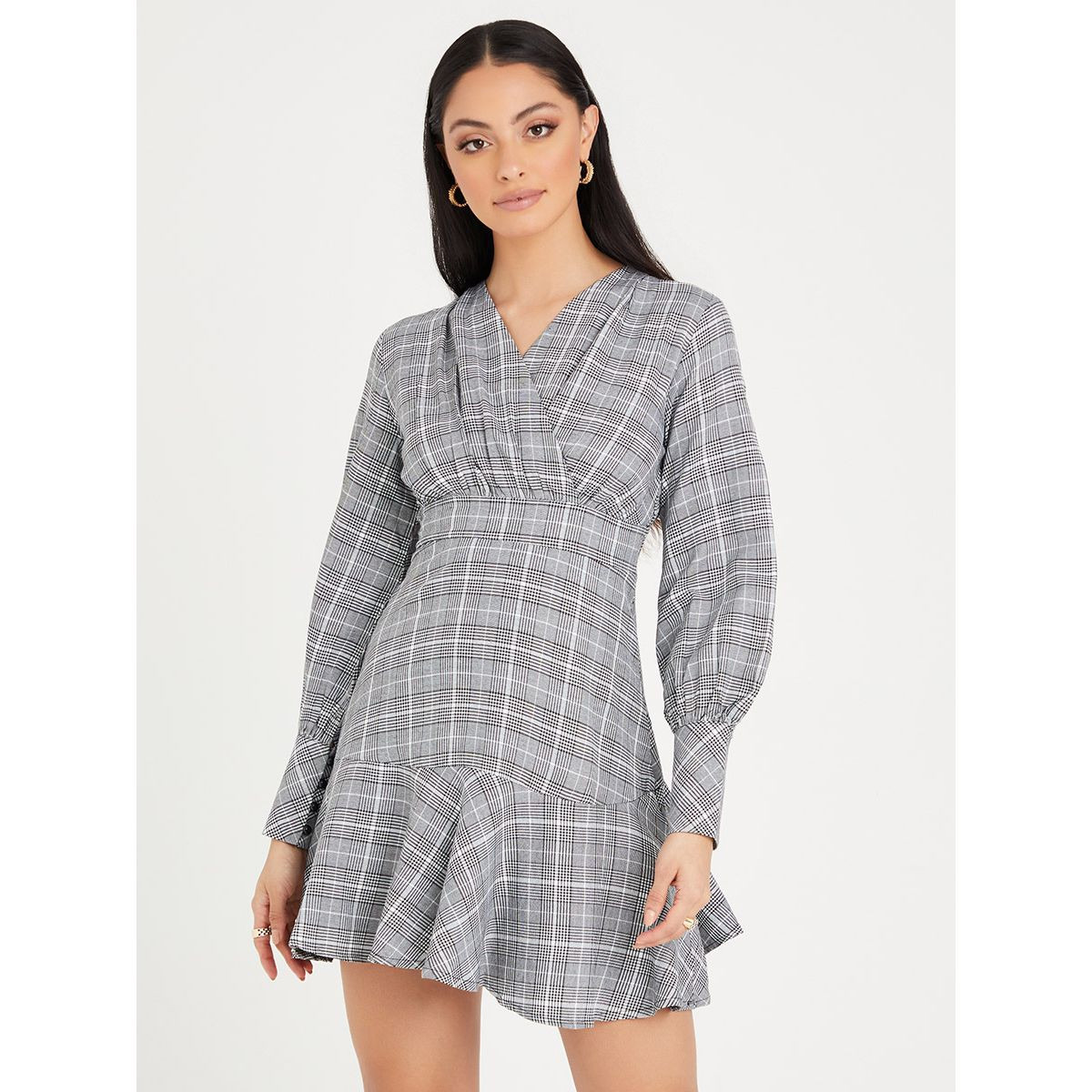Styli Long Sleeves Checked Skater Mini Dress-women-clothing-dresses-image-1