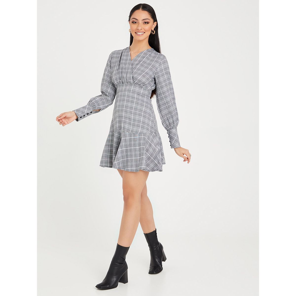 Styli Long Sleeves Checked Skater Mini Dress-women-clothing-dresses-image-2