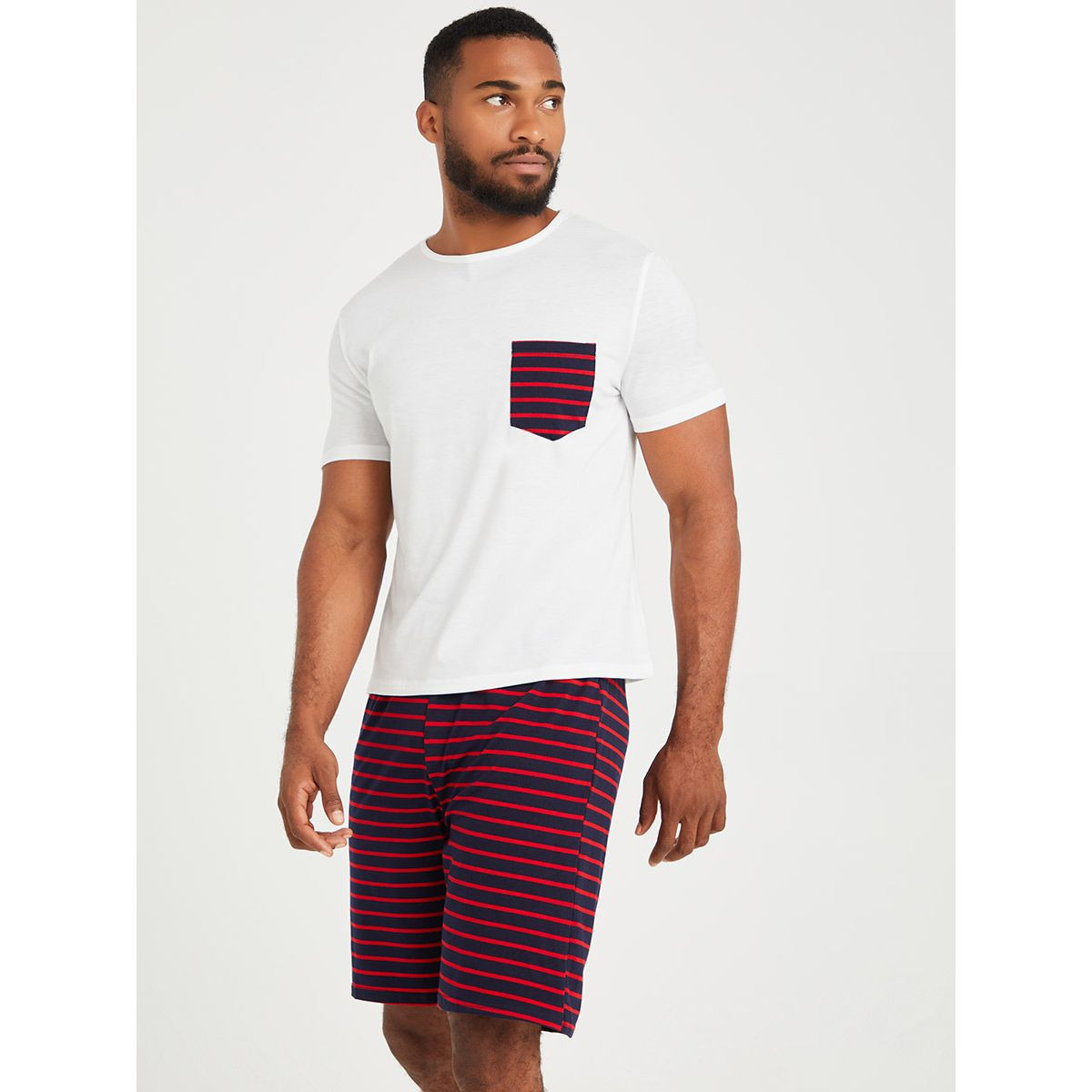 Styli Striped Pocket Print T-shirt and Shorts Set-men-clothing-nightwear-sets-image-1