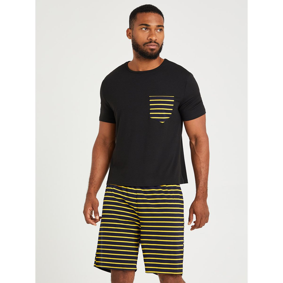 Styli Striped Pocket Print T-shirt and Shorts Set-men-clothing-nightwear-sets-image-1