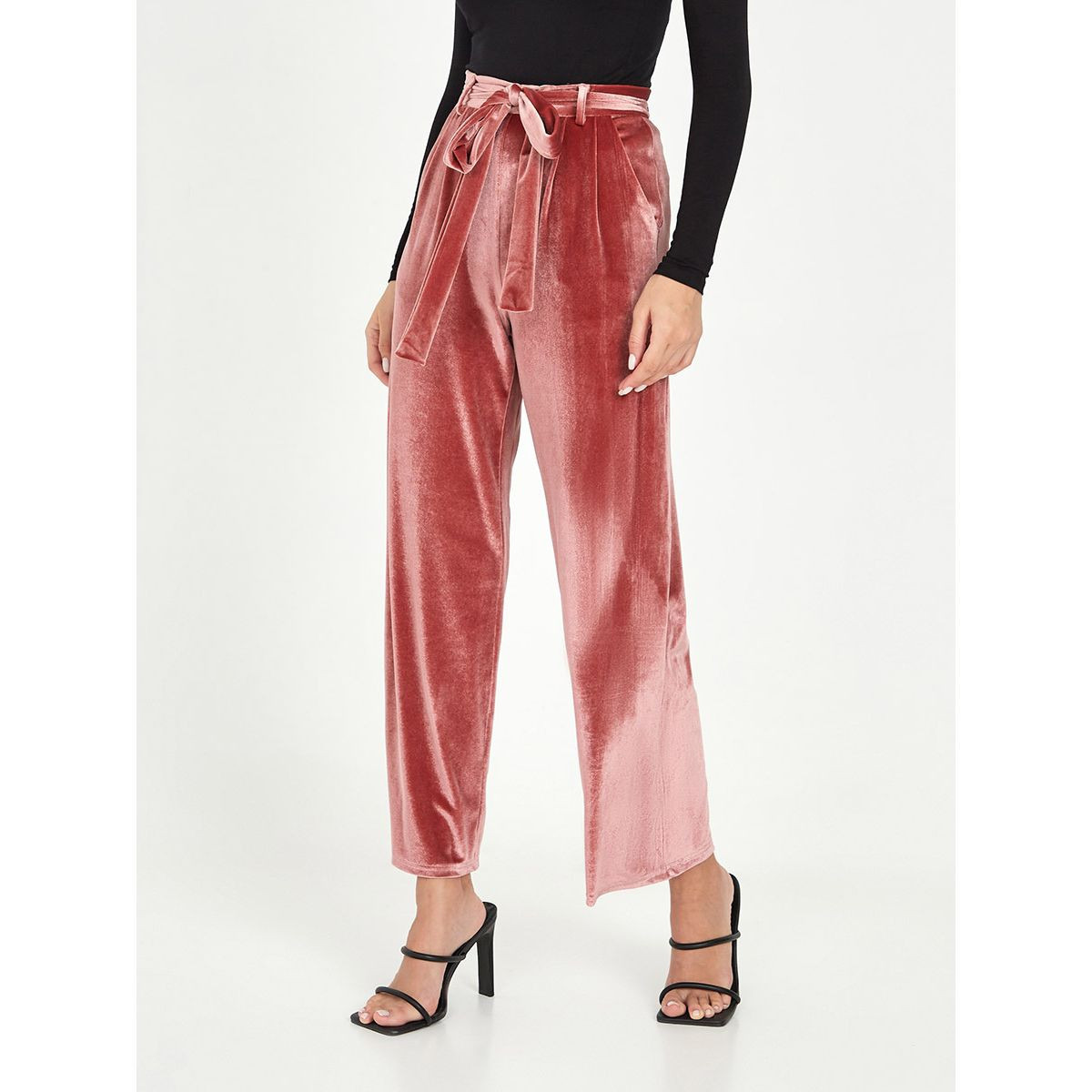 Styli Wide Leg Self Belt Velvet Trouser-women-clothing-bottoms-trousers-image-1