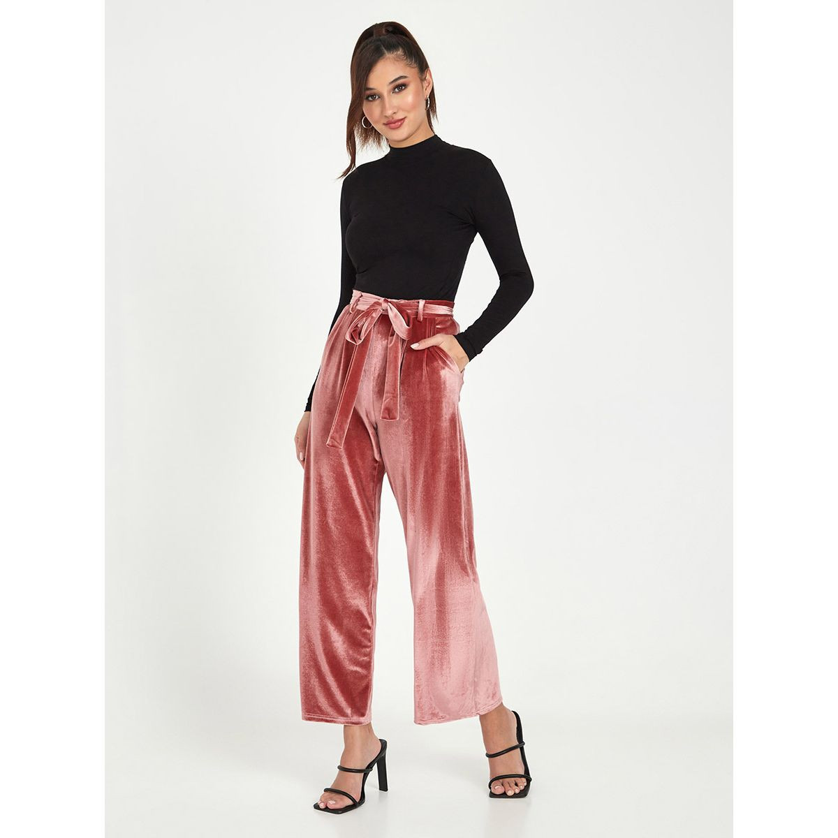 Styli Wide Leg Self Belt Velvet Trouser-women-clothing-bottoms-trousers-image-2