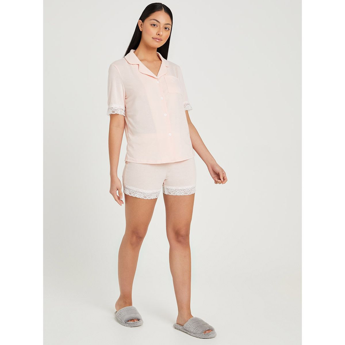 Styli Lace Trim Button Through Short Sleeves Shirt and Shorts Set-women-clothing-nightwear-pyjamas-longsets-image-1