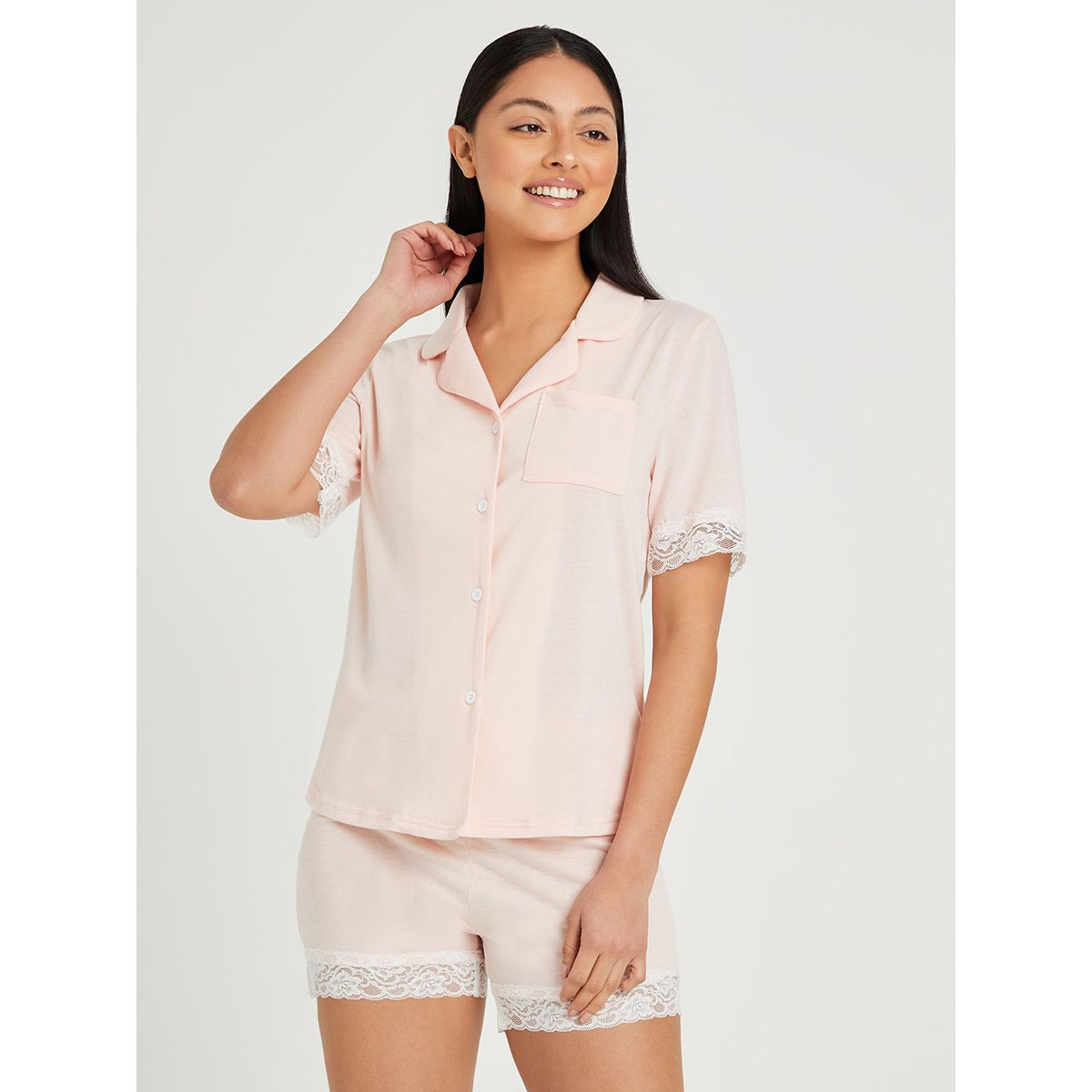 Styli Lace Trim Button Through Short Sleeves Shirt and Shorts Set-women-clothing-nightwear-pyjamas-longsets-image-2
