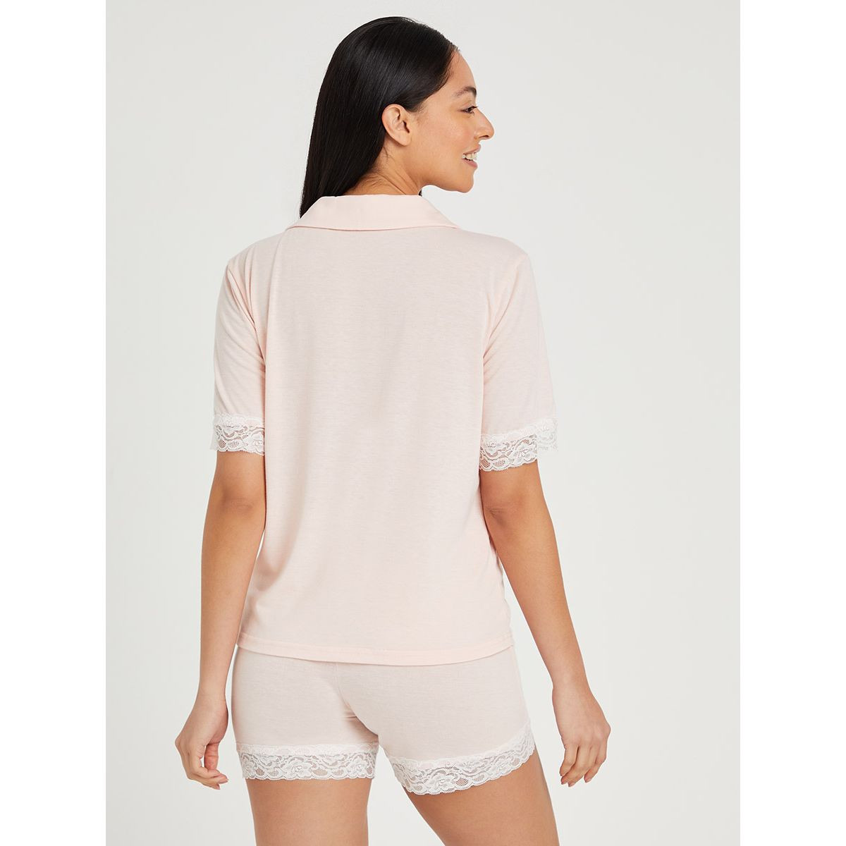 Styli Lace Trim Button Through Short Sleeves Shirt and Shorts Set-women-clothing-nightwear-pyjamas-longsets-image-4