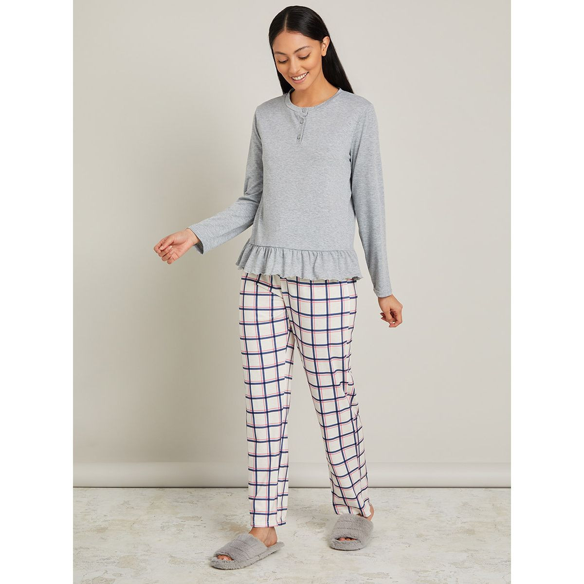 Styli Long Sleeves Placket Detail T-shirt and Checked Pyjama Set-women-clothing-nightwear-pyjamas-longsets-image-1