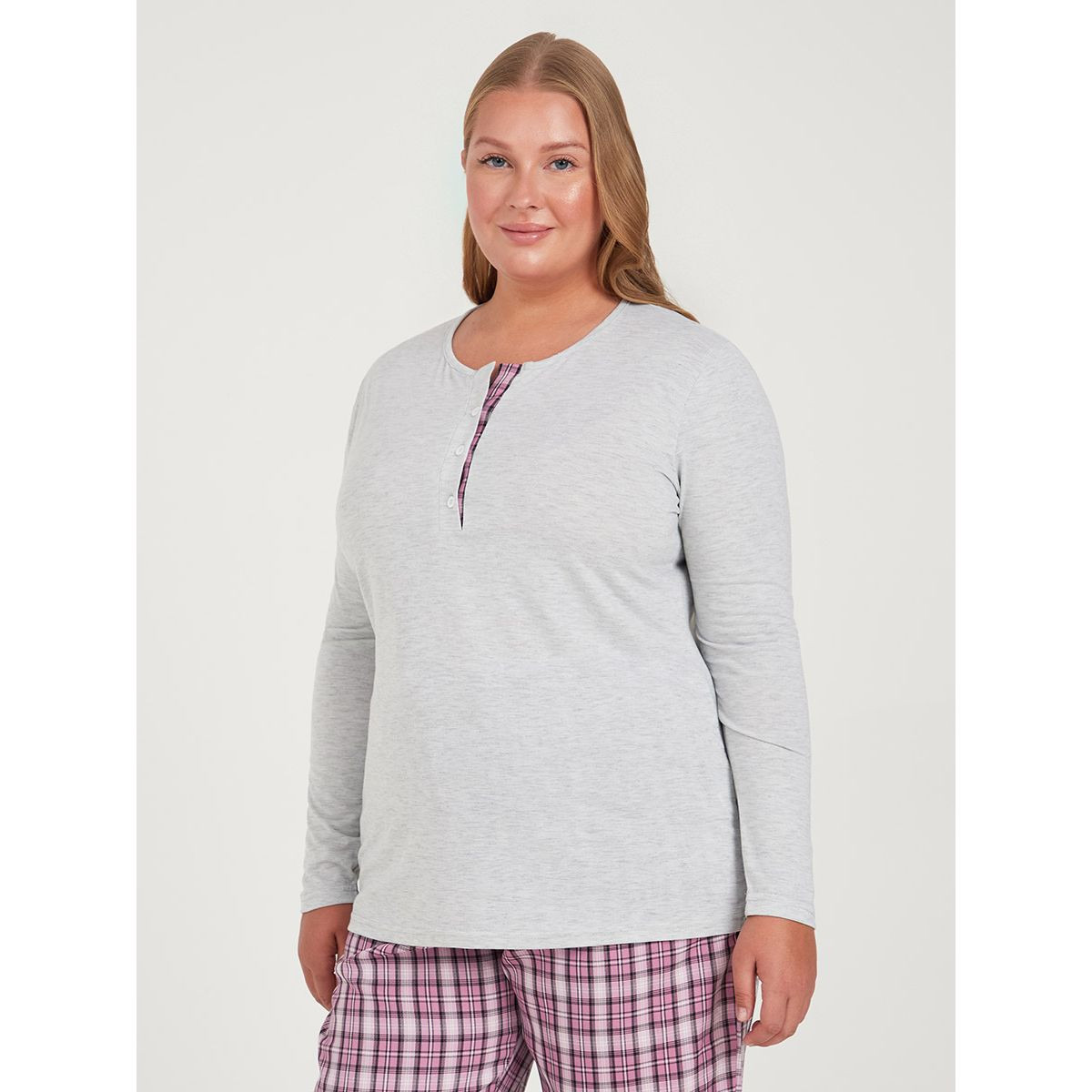 Styli Plus Long Sleeves Button T-shirt and Flannel Trouser Pyjama Set-women-clothing-nightwear-pyjamas-longsets-image-2
